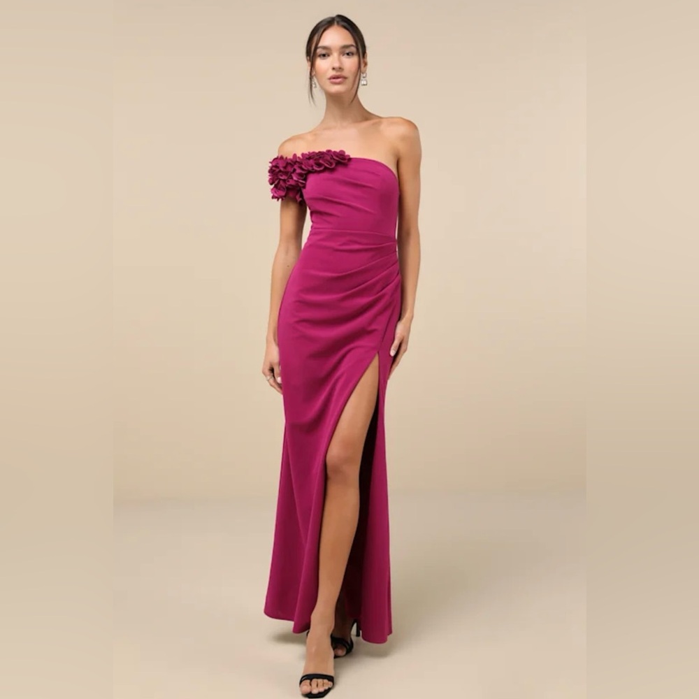 Lulus Magenta 3D Floral One-Shoulder Maxi Dress
